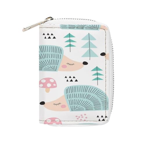 Women Leather Coin wallet, Key Change Organizer Zipper Card Holder Purse Clutch Pouch Pocket 4.5x3.15 in Print Hedgehog Forest Seamless