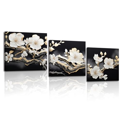 Piy Painting Grande Lienzo De Arte Mural, Cuadro En Lienzo Flor Blanca, Impresión En Lienzo En Blanco y Negro, Cuadro Decorativo Para Dormitorio Salón Entrada Cocina, 3 Piezas 58x58cm (174x58cm)