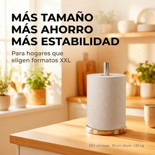 Portarrollos Papel Cocina XXL 20,5x33 cm – 1,55 kg Base Pesada – Acero Inoxidable – Compatible con Megarollos, Jumbo y Rollos XXL – Estable y Antideslizante - imagen 6
