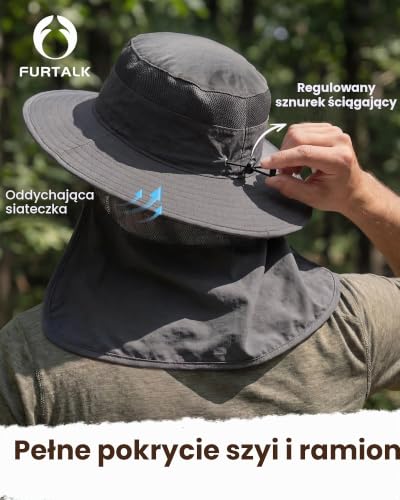 FURTALK Kapelusz przeciwsłoneczny dla kobiet i mężczyzn, z ochroną karku, UPF 80, oddychający kapelusz wędkarski i turystyczny, ciemnoszary, Rozmiar uniwersalny