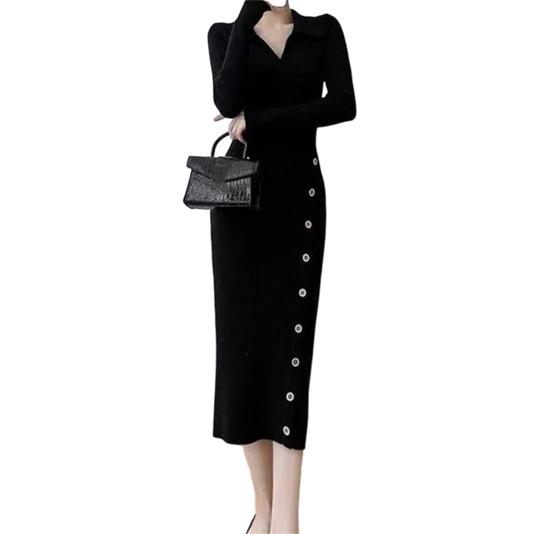 Dvbfufv Womens Fashion V-Neck Knitted Midi Dress Female Spring Winter Elegant Slim Sweater Dresses