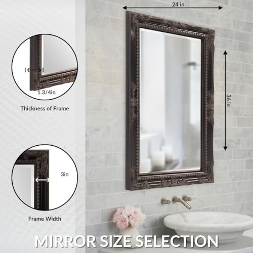 Image of Howard Elliott Collection Queen Ann Rectangular Antique Black Wall Mirror, Rectangle Hanging Wood Framed Vanity Mirrors for Home Decor, Living Room, Bathroom, Bedroom, or Hallway, 24 x 36 Inch