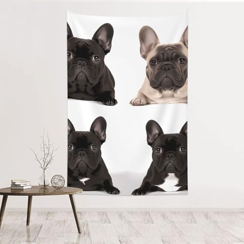 Tapisserie murale bouledogue français 152x101 cm en velours pêche pour décoration de salon