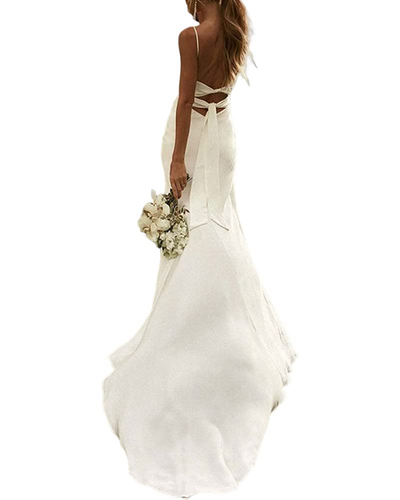 Sexy Lang Meerjungfrau Hochzeitskleid Spaghettiträger Hochgeschlitzte Robe Einfaches Rückenfreies Brautkleid Strandhochzeitskleid, Weiß, 34