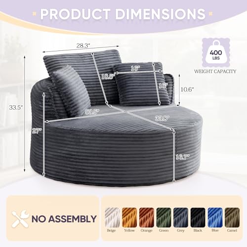 Image of Antetek 53.5-inch Round Chair, Modern Accent Corduroy Comfy Deep Seat Boneless Foam Floor Single Circle Chaise Sofa Chair with 3 Pillows for Living Room Bedroom Office, No Assembly Required, Grey