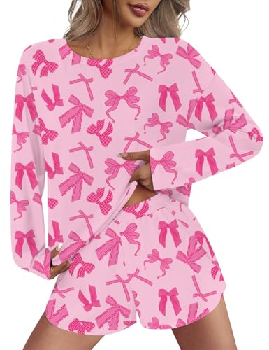 JUSTFASHIONNOW Womens Pajama Sets Long Sleeve Top and Split Shorts Bow Print Two Piece Lounge Set Cozy Loungewear Crew Neck Sleepwear Soft Pjs Fall Winter Cute Outfits (Pink, Small) — view 2