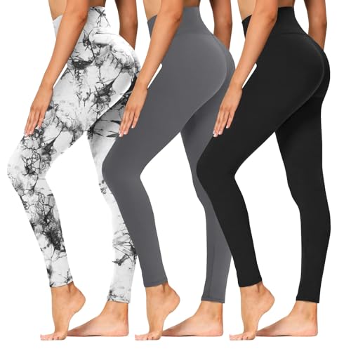 High Waisted Leggings for Women - Soft Athletic Tummy Control Pants for Running Cycling Yoga Workout Small-Medium 3 Pack Black, Dark Grey, Marble