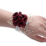 Fictory Ramillete de muñeca de tela con detalles de perlas y cinta, pulsera elástica para novias, damas de honor, bodas y eventos formales
