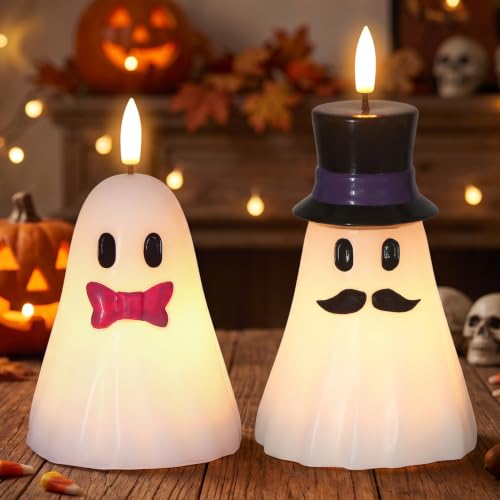 Image of Halloween Flameless Ghost Candles Spooky Ghost Decor, 2PCS | Halloween Decor Indoor, Halloween Decorations, Real Wax, Hand Painted, 6H Timer, Halloween Candles Battery Operated