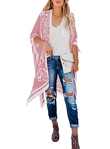 Roskiki Womens Floral Print Kaftan Dress Chiffon Open Front Kimono Cardigan Sheer Tops Poncho Bathing Suits Pink #TOP20