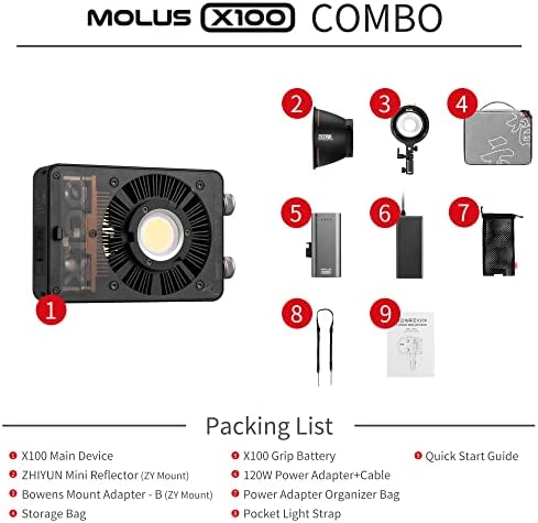 ZHIYUN MOLUS X100 Combo [Official] 100W LED COB Video Light 385g Studio Light with Detachable Grip Battery, Bowens Mount Kit, Bluetooth App Control, Music Mode, DC/PD Power Supply, 2700K-6500K