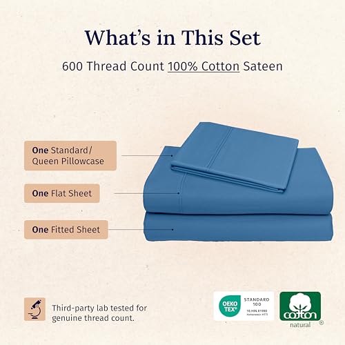 California Design Den Extra Long Twin Sheets Set - Luxury 600 Thread Count Sateen, Natural 100% Cotton XL Twin Sheet Set, Fully Elasticized Deep Pockets, Durable Bedding for Dorm Room - Parisian Blue