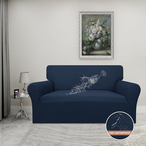 Image of Easy-Going 100% Waterproof Loveseat Couch Cover Stretch Jacquard Sofa Cover | Dual Waterproof Sofa Slipcover, Leakproof Furniture Protector for Kids, Pets, Dog and Cat (Loveseat, Dark Blue)