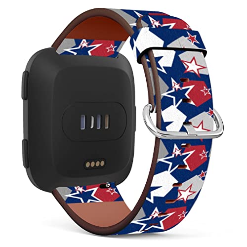 Mingdao Compatible with Fitbit Versa 2 / Versa / Versa Lite / Versa SE Patterned Leather Replacement Band (July 4Th Patriotic Stars Pattern-Wb01)