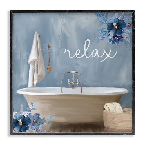 Stupell Industries Blue Floral Relax Bathroom Scene Framed Wall Art,