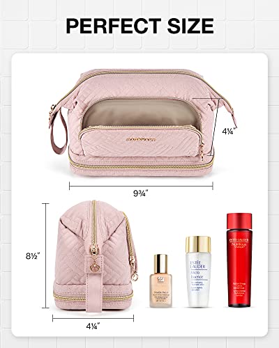 Image of BAGSMART Travel Makeup Bag, Cosmetic Bag Make Up Organizer Case, Dorm Room Essentials Large Wide-open Pouch Women Travel Essentials Double Layers Purse for Toiletries Accessories Brushes Pink