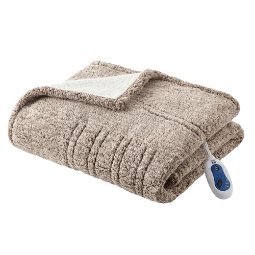 True North by Sleep Philosophy Marbled Sherpa Heated Throw, Ultra Cozy Sherpa Face and Solid Reverse Electric Blanket, 3-Setting Heat Controller, 50