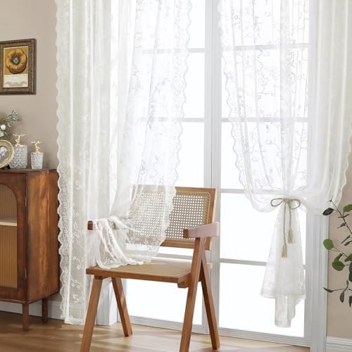 HOMEIDEAS Cute Ivory Vintage Sheer Lace Curtains for Bedroom Elegant Victorian Curtains 84 Inch Length for Living Room Romantic Floral Rod Pocket French Window Drapes, 2 Panels, 52 X 84 Inch