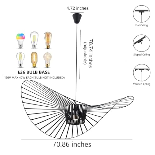 Image of Modern Black Woven Chandelier, 70.86 inch Farmhouse Coastal Hat Pendant Light Fixtures Matte Black Handwoven Shade Boho Pendant Hanging Lamp for Kitchen Dining Room Bedroom Foyer Hallway