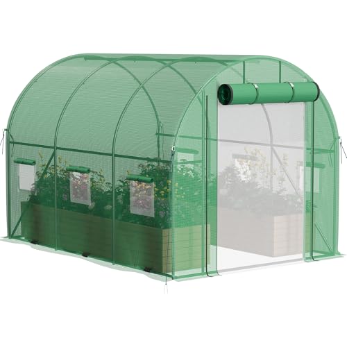 Image of Greesum Walk-in Greenhouse for Outside Heavy Duty, Greenhouse with Zippered Screen Doors & 6 Screen Windows for Winter, Green