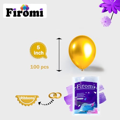Image of Firomi Metallic Chrome Gold Balloons 5-inch 100 Pack (with 2 Ribbons) | Helium Small-Medium Shiny Round Gold Thicken Latex Balloon for Wedding Birthday Party