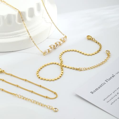 Image of Gold Ankle Bracelets for Women,14k Gold /Silver Plated Waterproof Layered lightweight Cuban Link Figaro Chain Heart anklet Bracelets Set Gold Anklets for women Trendy Jewelry Gift