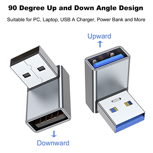 Image of AreMe 90 Degree USB 3.0 Adapter 2 Pack, Up and Down Angle, Grey | USB A Male to Female Converter Extender for PC, Laptop, USB A Charger, Power Bank and More