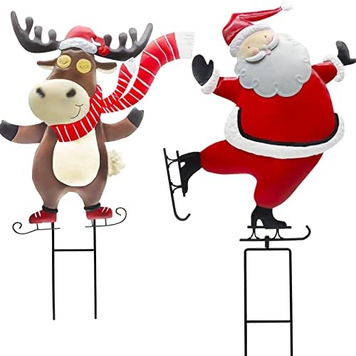 2 Pack Metal Christmas Garden Decoration Stakes,Extra Large 31inch Santa Claus and Elk Hand Painted Outdoor Yard Decor Signs,Heavy Duty Holiday New Year Home Decor for Garden Yard Lawn Pathway Patio