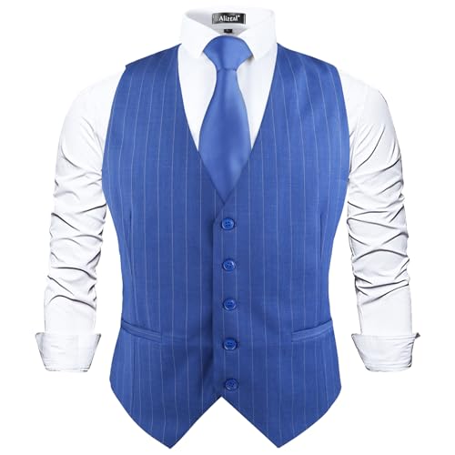 Image of Alizeal Mens Pinstripe Business Vest Formal Fit | V-Neck Bollar 5-Button Front Waistcoat for Suit Tuxedo and Formal Events