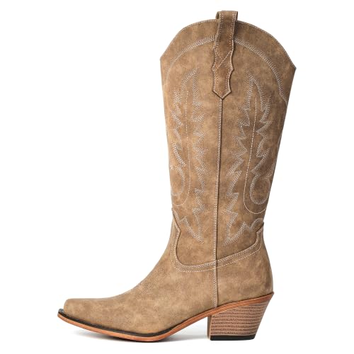 Image of Women's Pointed Toe Mid Calf Cowboy Boots - Cowgirl Boots with Chunky Heel