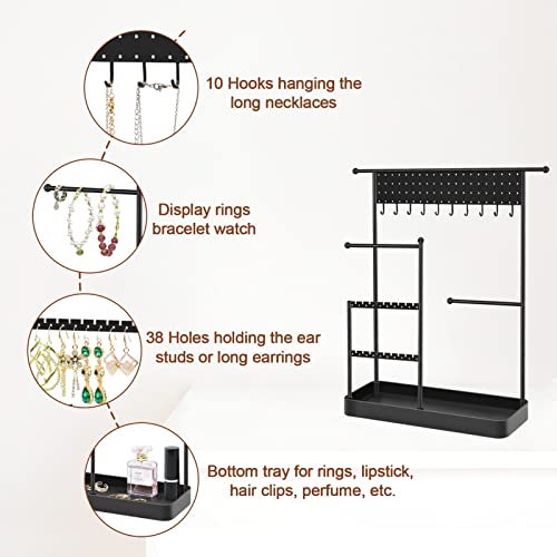 Pouhenier.jh Metal Earring Holder Organizer, Exquisite Jewelry Tower Stand With Tray And 118 Holes, 10 Hooks Necklaces Hanging Storage Tree Display Rack For Bangles Bracelets Watches Rings, Black #TOP6
