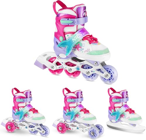 Set 4in1 Inliner Rollschuhe Triskates Schlittschuhe VERSTELLBAR mit LED Rollen für Kinder und Mädchen Inlineskates umbaubar zu Rollerskates Meerjungfrau Größen: 31-34, 35-38 (31-34)