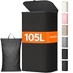 Lifewit 105L Laundry Basket with Lid, Washing Basket with Handles and Bag, Large Foldable Dirty Clothes Organiser with Plastic Frame for Laundry Room, Bedroom, Bathroom, Black