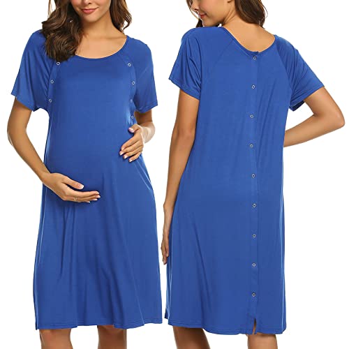 Image of Ekouaer Women’s Nursing/Delivery/Labor/Hospital Nightdress Short Sleeve Maternity Nightgown with Button S-XXL