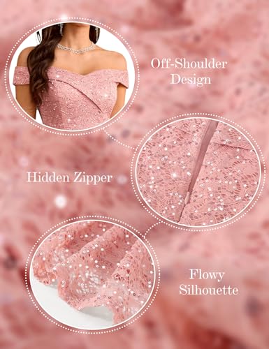HomRain Plus Size Pink Sequin Lace Prom Dresses for Teens Off the Shoulder Short Formal Elegant Homcoming Cocktail Party Dress Sequin-Blush 2XL — view 5