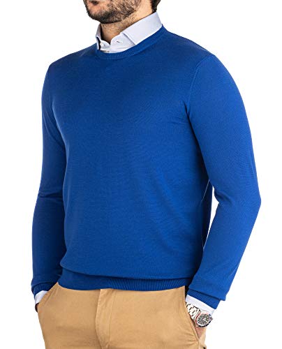 Cashmere Zone - Jersey de hombre con cuello redondo de puro algodón egipcio, artesanía italiana y confort de manga larga, azul elettrico, X-Large