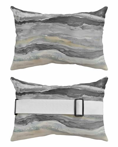 Outdoor Pillows Covers with Inserts Abstract Grey Gradient Beach Ocean Wave Oil Painting Waterproof Pillow with Adjustable Strap Throw Pillows for Patio Furniture Pool Lounge Chair, 12x20 Inch, 1PCS