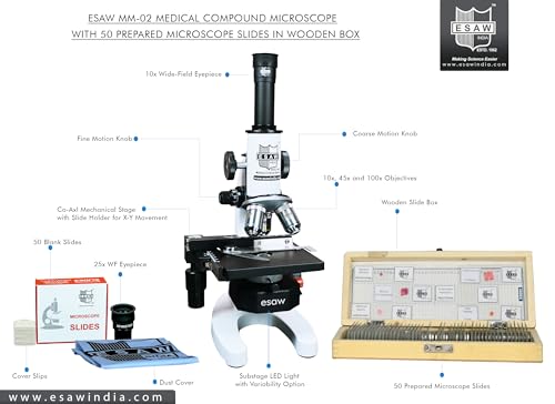 Image of ESAW 2500X Student Compound Medical Microscope with 50 Prepared Microscopes Slides, Educational STEM Gift for Students, Schools & Hobbyists (Magnification: 100X to 2500X)