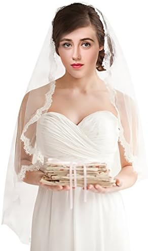 Bridal Veils,White Ivory 1T Wedding Accessories with Lace Edge 86CM
