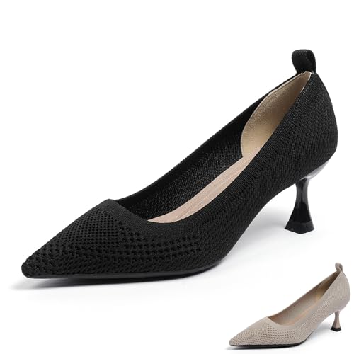 Women's Knitted Casual Low Stiletto Heel Pumps Comfortable Breathable Pointed Toe Elegant Slip On Kitten Heel Pumps for Work Office Business Dress Shoes