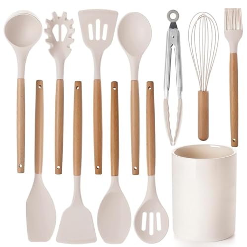 Set di 12 utensili da cucina in silicone con manici in legno, resistenti al calore, antiaderenti, con pinze, spatola, cucchiai e secchio, lavabili in lavastoviglie, per casa e campeggio (12, beige)