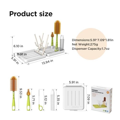 Image of Travel Bottle Cleaner Kit with Bottle Drying Rack, Baby Bottle Brush Set for Baby Travel Essential, White