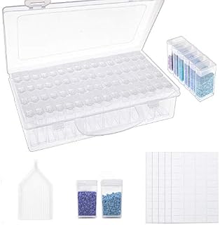 64 Compartments Diamond Painting Storage Box 5D Diamond Embroidery Sorting Box with Funnel Plate 200 Pieces Stickers and Tweezers