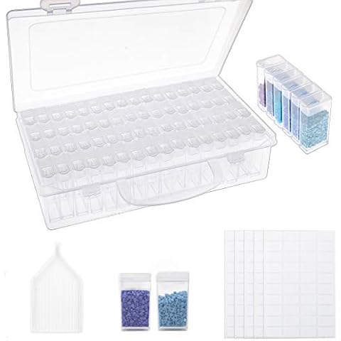 Outuxed 64 Stück Diamond Painting Zubehör Boxen Aufbewahrungsbox 5D Diamant Stickerei Sortierbox mit Trichterplatte, 200 Stück Aufkleber für Nägel, Strass, Perlen, DIY Handwerk Cover
