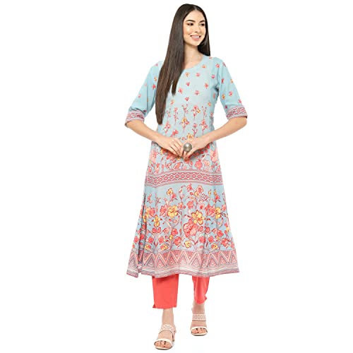 Image of Rangriti Blue Viscose Rayon A Line Dress for Women