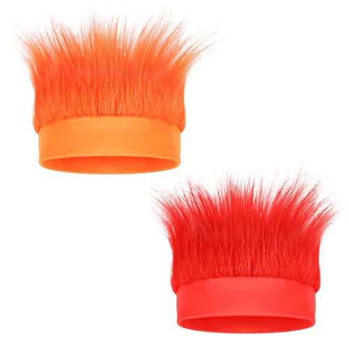 Hairy Headband, Funny Wigs Fun Crazy Hats,Troll Hair Costume Accessories for Adults and Teens, Silly Party Supplies for Mardi Gras,Crazy Hair Day, Spirit Week,Halloween and Sports (Red&Orange,2 Pack)