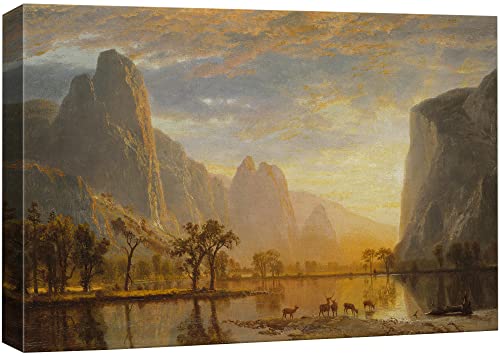 wall26 Canvas Print Wall Art Golden Hour Over Mountain Landscape & Deer Nature Wilderness Illustrations Modern Art Rustic Scenic Colorful Multicolor for Living Room, Bedroom, Office - 32"x48"