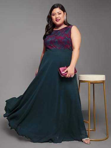 Image of Miss Chase A+ Women's Round Neck Sleeveless Georgette Floral Lace Fit & Flare Maxi Dress