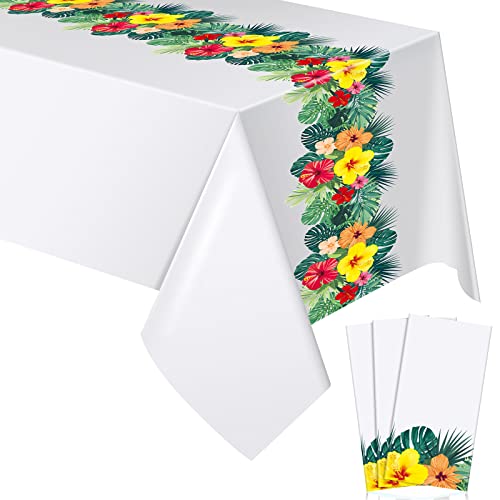 Image of Irenare 3 Sheets Hawaiian Luau Tablecloths for Party Decoration 54 x 108'' Tropical Palm Leaves Table Cloth Hawaii Disposable Rectangular Plastic Table Cover for Summer Beach (White)
