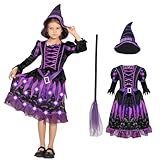 JAZGROM Fairytale Witch Costume for Girls Light Up Halloween Costumes Kids Toddler with Broom Role Play Dress Up Purple